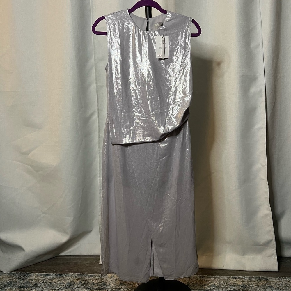 ASOS Metallic Silver Draped Midi Dress 4 - Picture 2 of 9